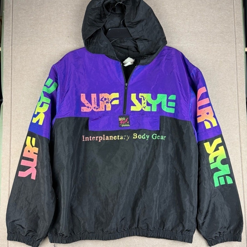 Vintage Surf Style Hooded Windbreaker Jacket OSFA Purple Black 90s Neon Retro‎